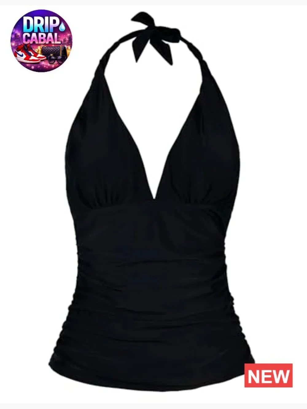 Tankini Bathing Suit Plunging V Neck Halter Swim Top Shirred Tummy Control Top